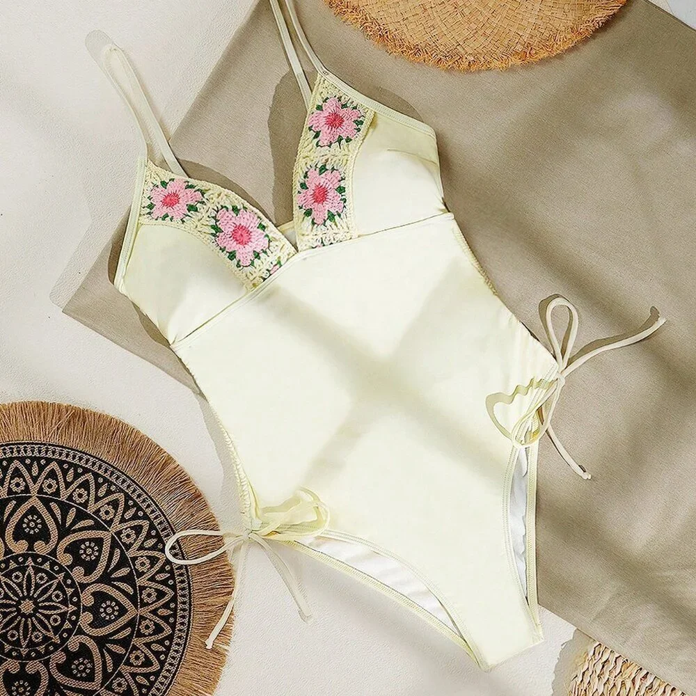Beige Casual Women's Floral One-Piece Swimsuit